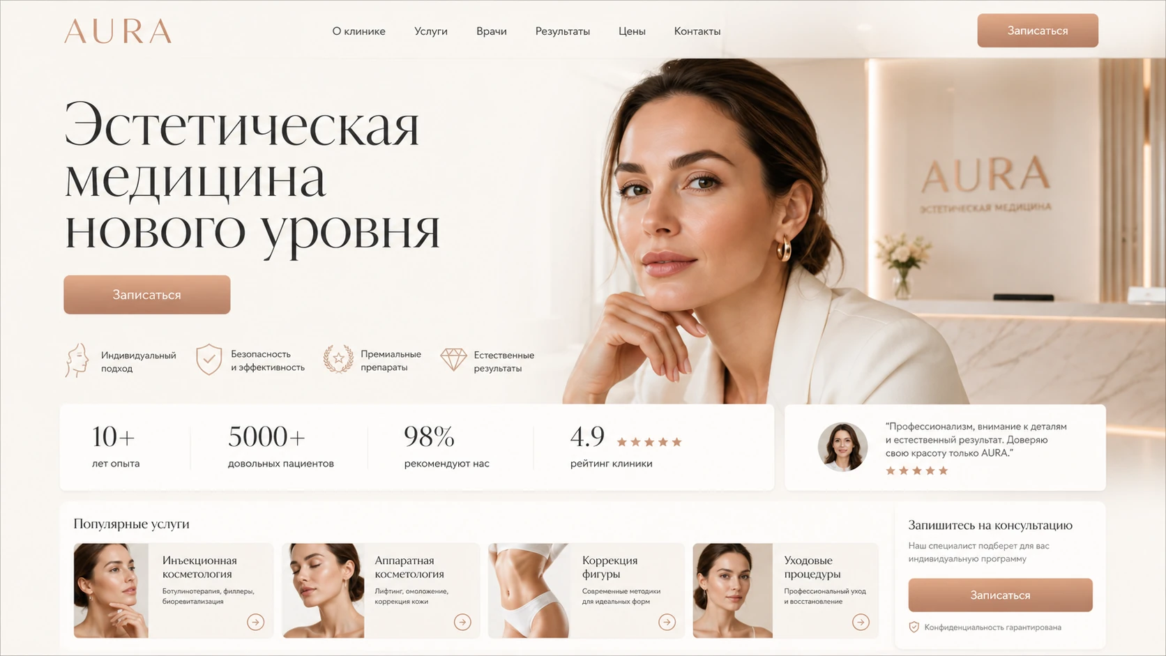Превью лендинга клиники эстетической медицины AURA